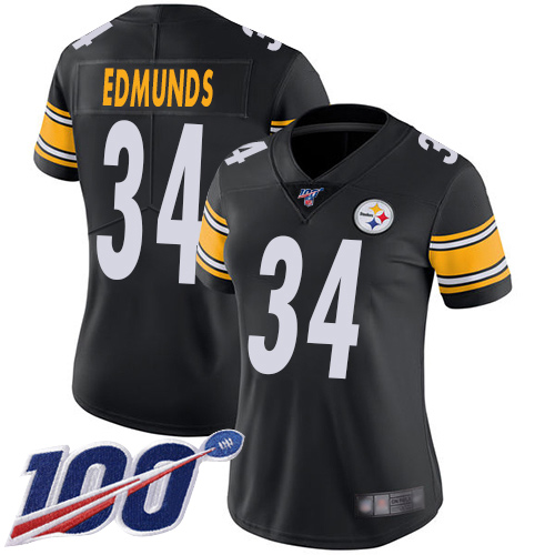 Women Pittsburgh Steelers Football #34 Limited Black Terrell Edmunds Home 100th Season Vapor Untouchable Nike NFL Jersey